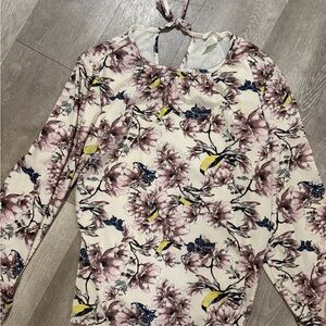 Floral & Bird Print Long Sleeve Women's Top - Cream with Pink and Yellow
